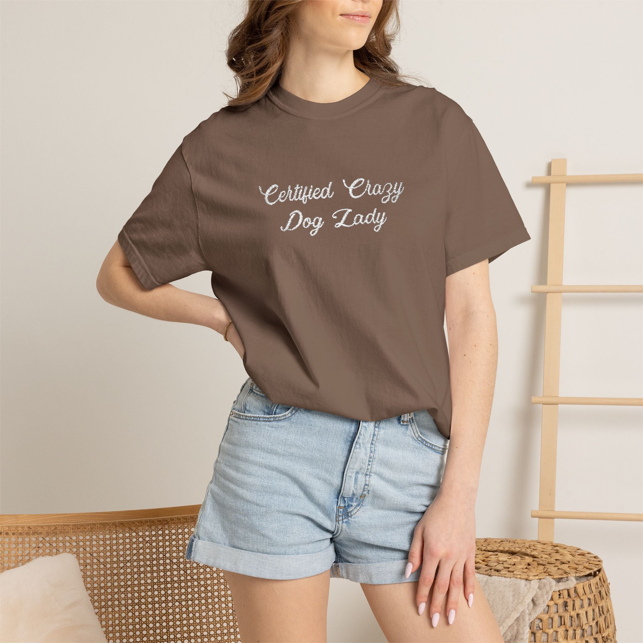 Certified Crazy Dog Lady Embroidered T-Shirt | Funny Dog Mom Tee