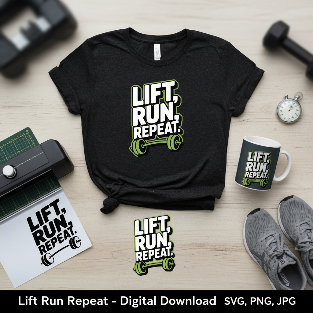 Lift Run Repeat Fitness T-Shirt Design | Gym Workout PNG SVG | Barbell Gym Quote Design